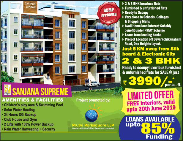 Sanjana Supreme at Limited offer free Interiors, valid upto 20th june 2019 in Bangalore